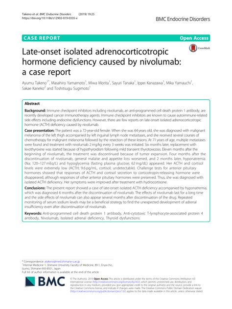 (PDF) Late-onset isolated adrenocorticotropic hormone deficiency caused by nivolumab: a case report