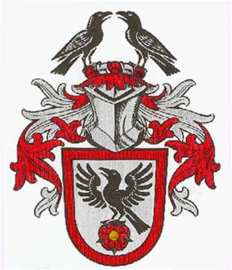 Two Black Birds Sitting On Top Of A Red And White Coat Of Arms With Flowers