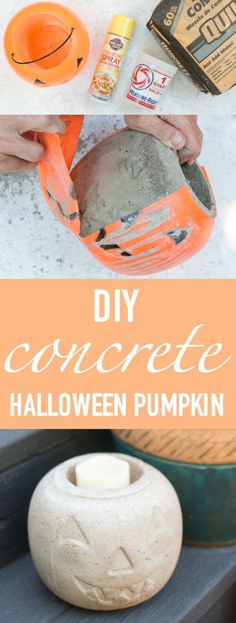 An Orange And White Pumpkin Sitting On Top Of A Table Next To A Cement Bowl