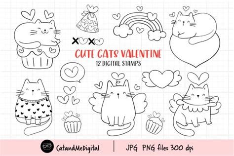 Valentine Cat Digital Stamp Clipart Graphic By Catandme · Creative Fabrica