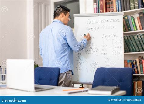 Asian Teacher Man Writing On Whiteboard In Classroom Back View Stock