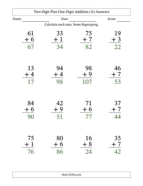 Two Digit Plus One Digit Addition With Some Regrouping 16 Questions Large Print A