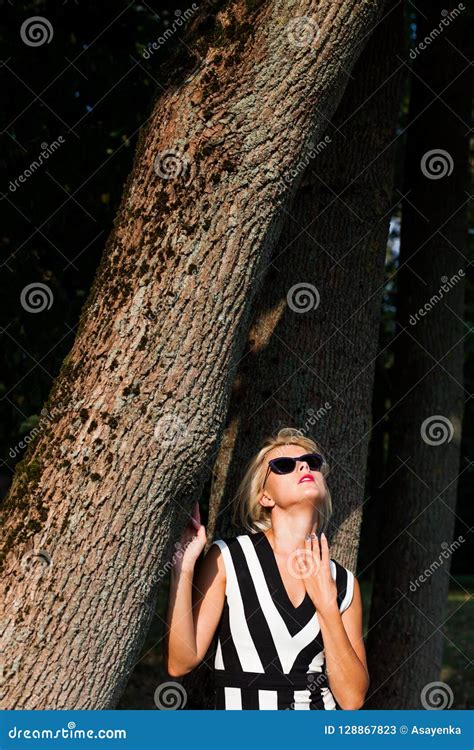 Beautiful Blonde Woman In The Autumn Forest At Sunset Stock Image Image Of Relaxation Light