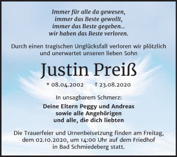 Traueranzeigen Von Justin Prei Abschied Nehmen De