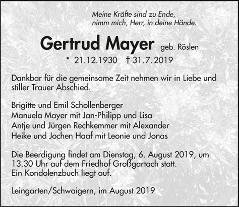 Traueranzeigen Von Gertrud Mayer Trauerundgedenken De