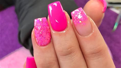 Hot Pink Acrylic Nails Pink Glitter Youtube