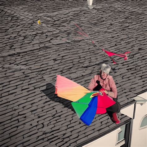 Old Lady Flying Kite On Roof Creative Fabrica