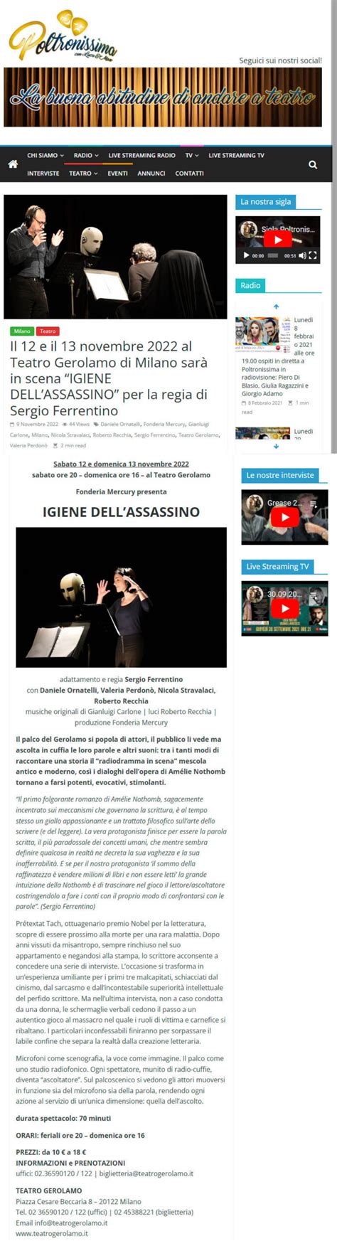 Il E Il Novembre Al Teatro Gerolamo Di Milano In Scena