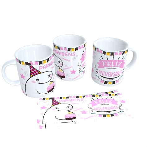 CANECA PERSONALIZADA Feliz Aniversário Flork rosa Dedicarte