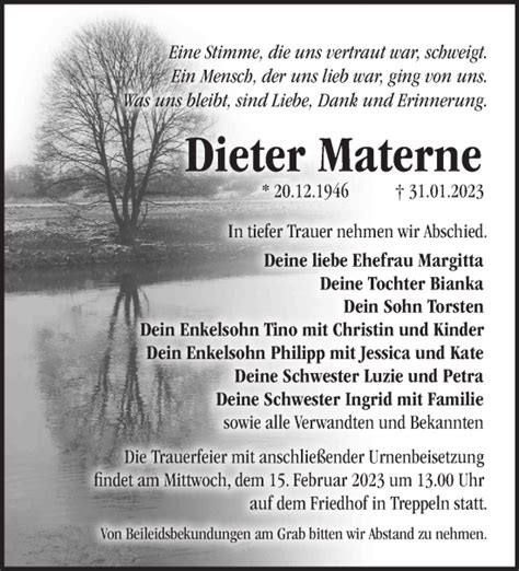 Traueranzeigen von Dieter Materne Märkische Onlinezeitung Trauerportal