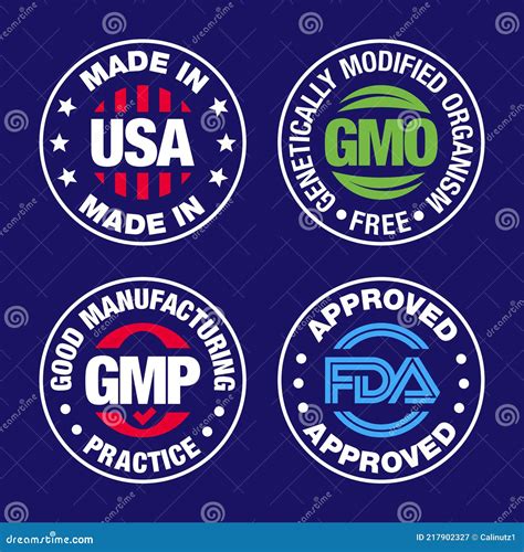 Four Product Badges Made In Usa Gmo Free Good Manufacturing Practice