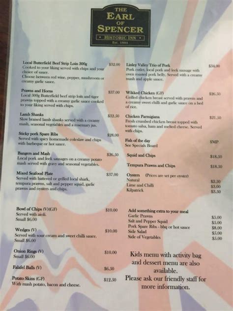 Menu At The Earl Of Spencer Historic Inn Bar And Restaurant Albany