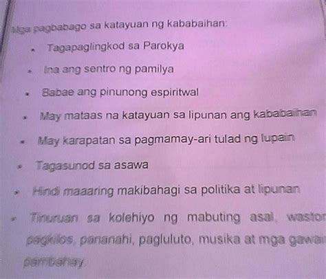 Mga Pagbabago Sa Katayuan Ng Kababaihan Brainly Ph