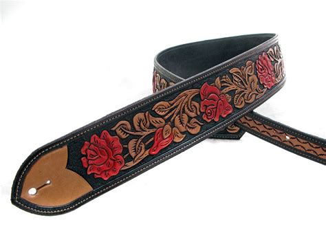 Handmade Leather Tooled Red Rose Guitar Strap In Black And Red