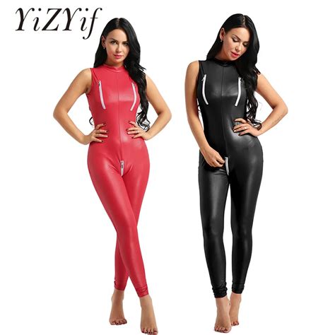 YiZYiF Sexy Women Bodysuit Wetlook Patent Leather Night Club Wear Adult