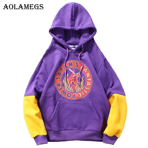 Aolamegs Hoodies Men Devil Printed Ltter Hooded Pullover Sweatshirt Men