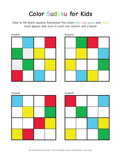 Color Sudoku Puzzles For Kids 4x4 Easy