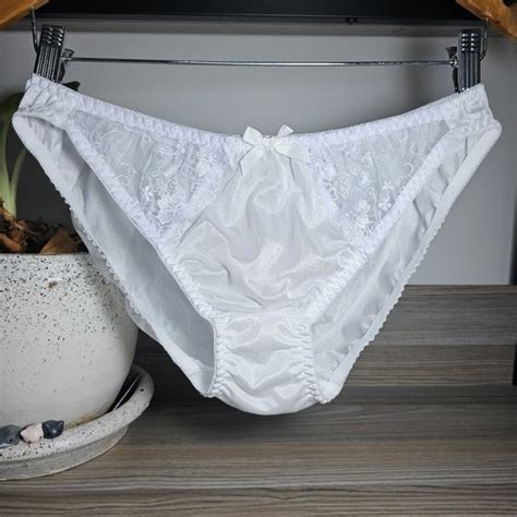 Silky Nylon Panty Sheer White Bikini Sissy Lace High Leg Brief Size Hip
