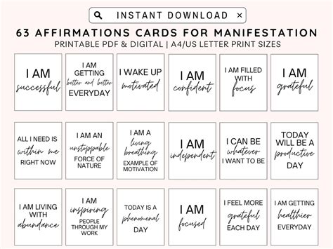 63 Positive Affirmation Card Deck Vision Board Printables Cards For