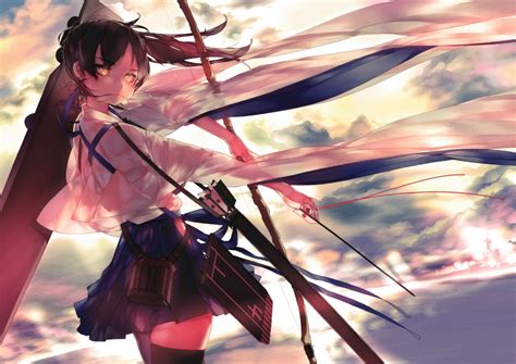 Anthropomorphism Bow Weapon Brown Hair Japanese Clothes Kaga