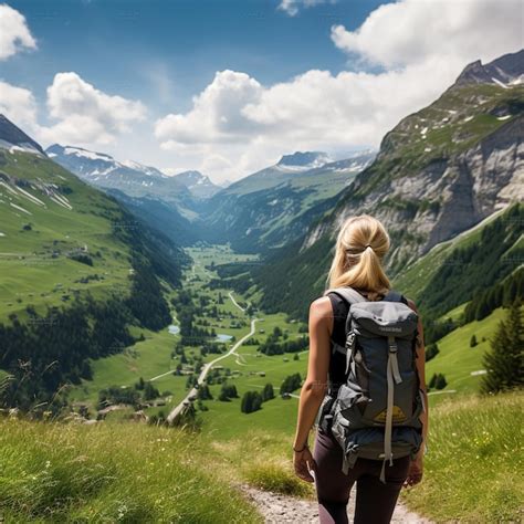 Premium Photo Blonde Woman Hiking In Swiss Alps Valley Meadow