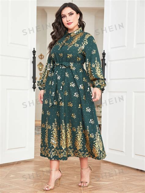 Shein Najma Plus Gold Floral Print Lantern Sleeve Belted Shirt Dress