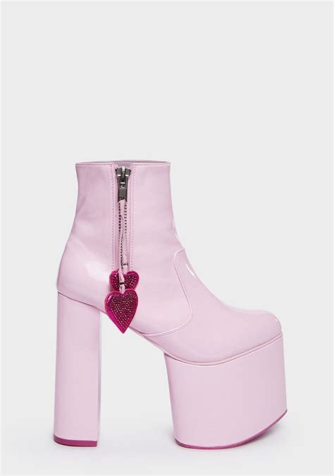 Sugar Thrillz Glitter Heart Charm Platform Ankle Boots Pink In