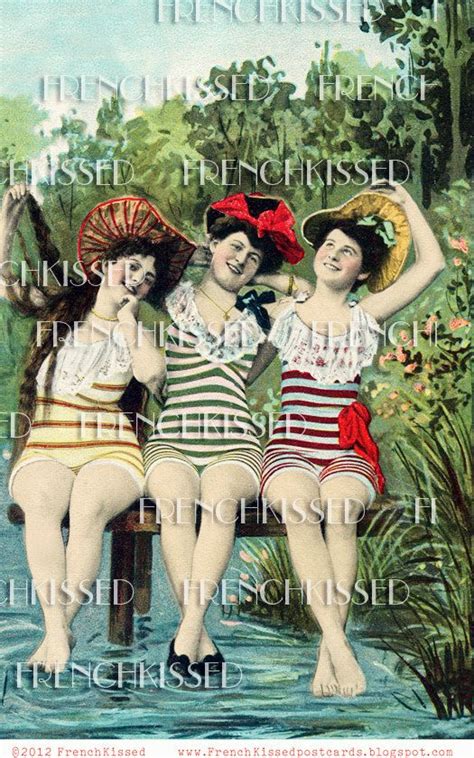 Instant Download Antique French Trio Bathing Beauties Stripes Postcard