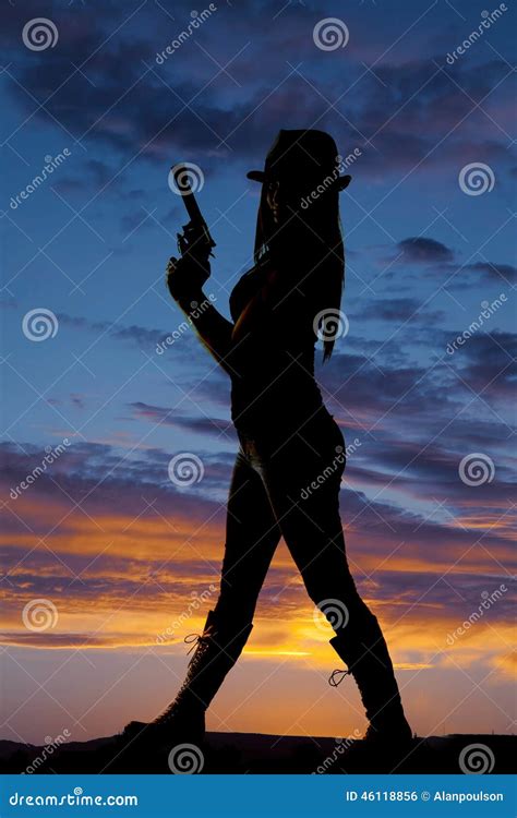 Silhouette Woman Side Hold Up Gun Stock Photo Image 46118856