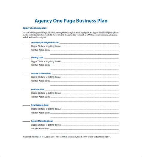 1 Page Business Plan Templates Free