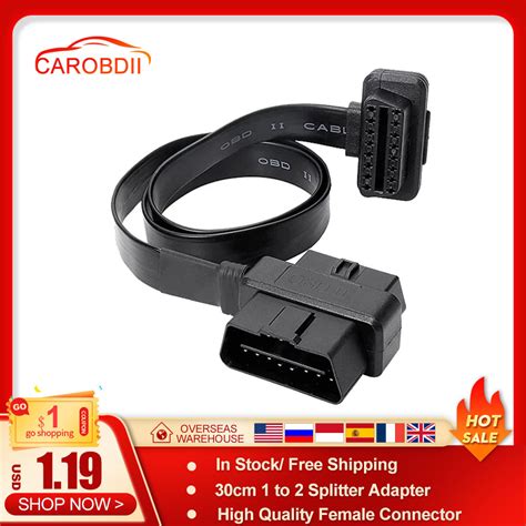 New Flat Thin Obd Cable 16pin 2 Interfaces Male To Female Elbow Obdii