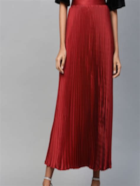 Buy Sassafras Red Accordion Pleated Satin Finish Maxi Flared Skirt