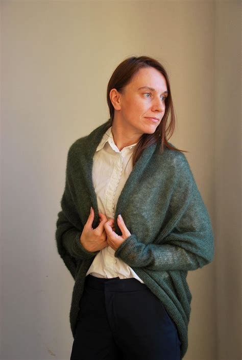 Dark Green Mohair Silk Cardigan Green Mohair Silk Jacket Green Soft Bridal Cardigan Loose Knit