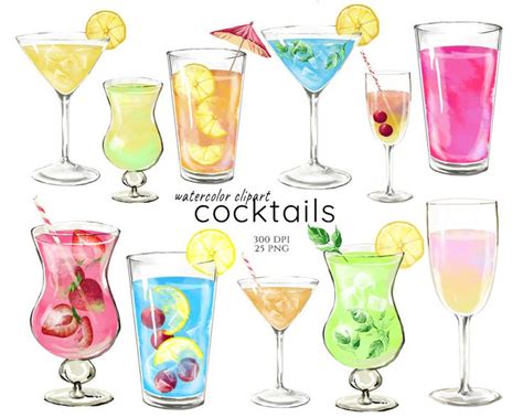 Watercolor Cocktails Clipart Alcohol Drinks Clip Art Cocktail Party Clipart Tropical Cocktail