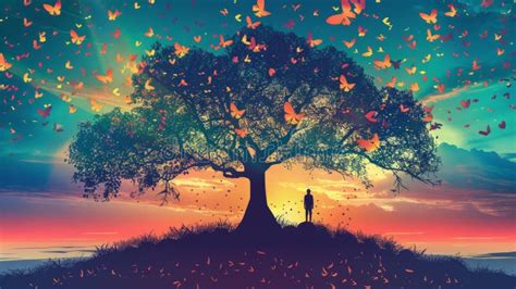 Person Under Tree Of Life At Sunset Illustration Stock Photo Image Of