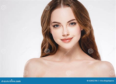 Beautiful Woman Face Close Up Portrait Studio On White Stock Photo