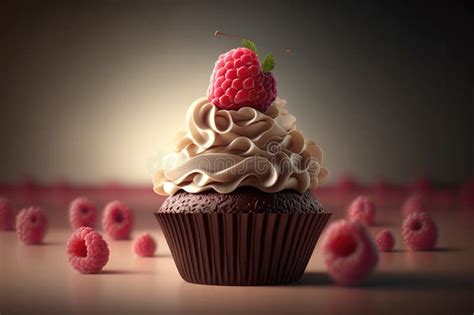 Chocolate Cream Cupcake With Raspberry Sweet Dessert Food Generative