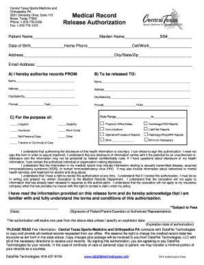 Fillable Online Medical Record Release Authorization Central Texas