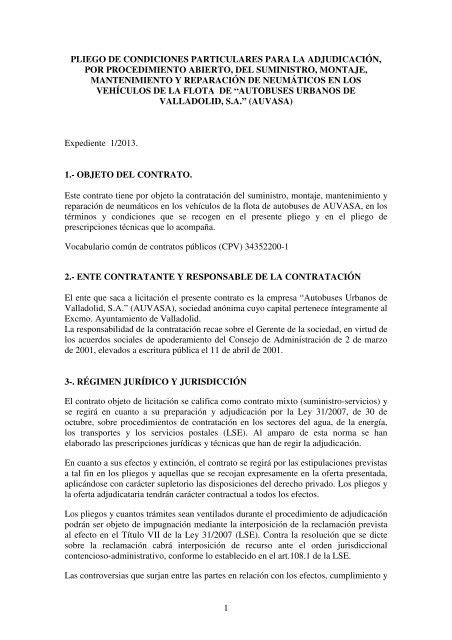 Pliego De Condiciones Particulares Para La Adjudicaci N Auvasa