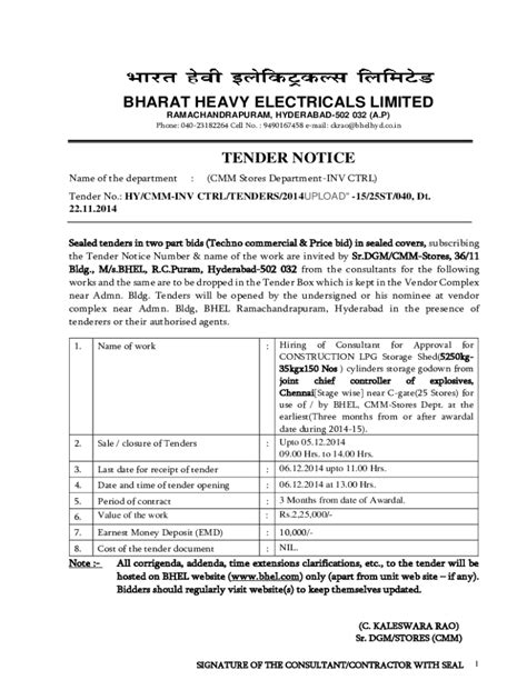 Fillable Online Tender Notice Bharat Heavy Electricals Limited Fax