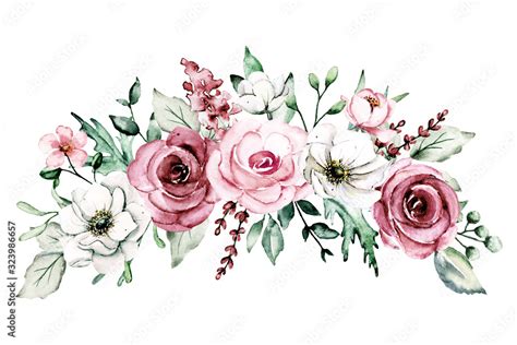 Pink flowers watercolor, floral clip art roses border. Bouquet ...