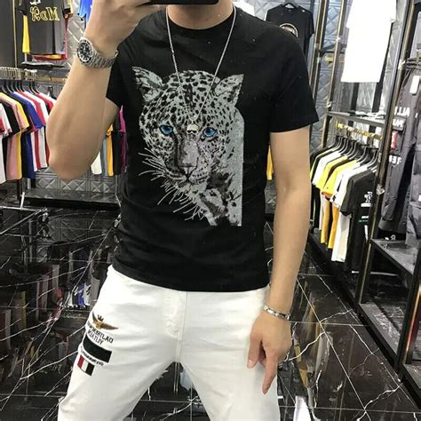 New Fashion Trend Leopard Hot Diamonds Rhinestones Summer Luxury Men T Shirt Ebay