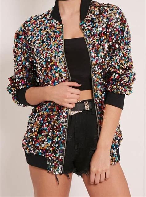 Women Glitter Jacket Long Sleeve Coat Colorful Sequins Short Slim Outwear Chic Glitter Jacket