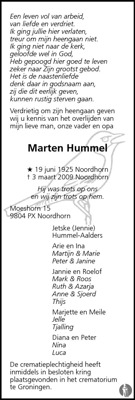 Marten Hummel Overlijdensbericht En Condoleances Mensenlinq Nl