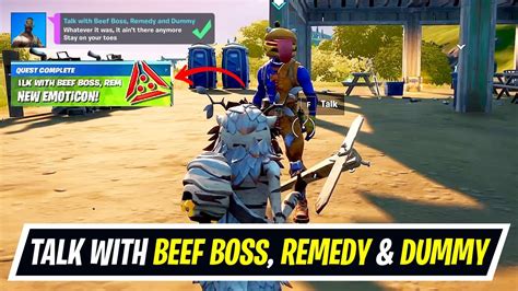 Talk With Beef Boss Remedy And Dummy All Locations How To Unlock Predator Emoji In Fortnite