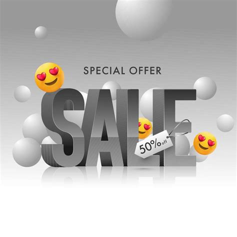 Discount Tag Love Emoji And Spheres Or Balls Decorated On Glossy Grey