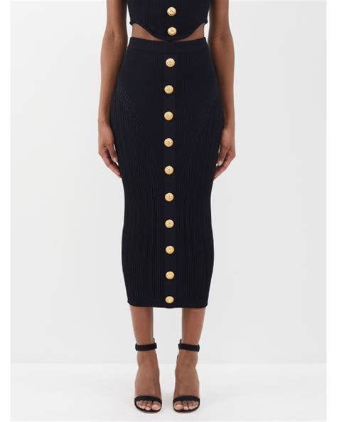 Balmain Buttoned Rib Knitted Midi Skirt In Black Lyst