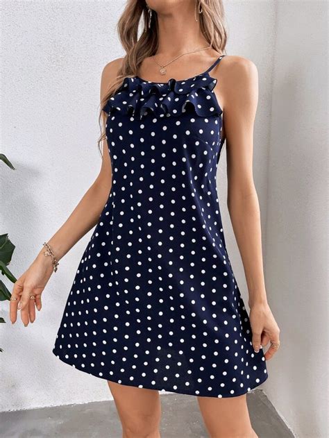 SHEIN LUNE Polka Dot Ruffle Trim Cami Dress Casual Dress Cami Dress