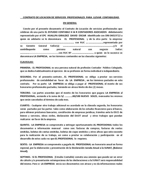 Contrato De Locacion De Servicios Profesionales Para Llevar Contabilidad Pdf Empresas