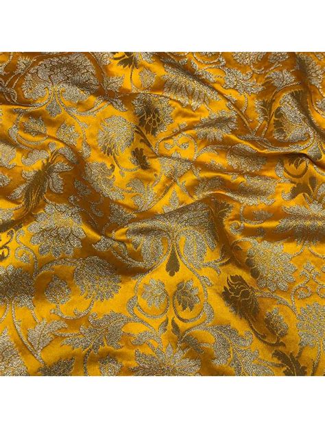 Mustrad Yellow Floral Jaal Design Pure Banarasi Brocade Silk Fabric